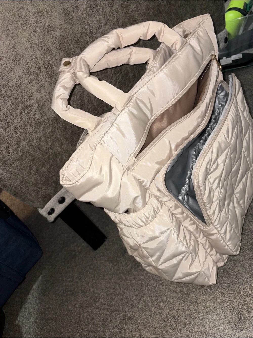 Quilted Puffer Tote Bag in Light Cream